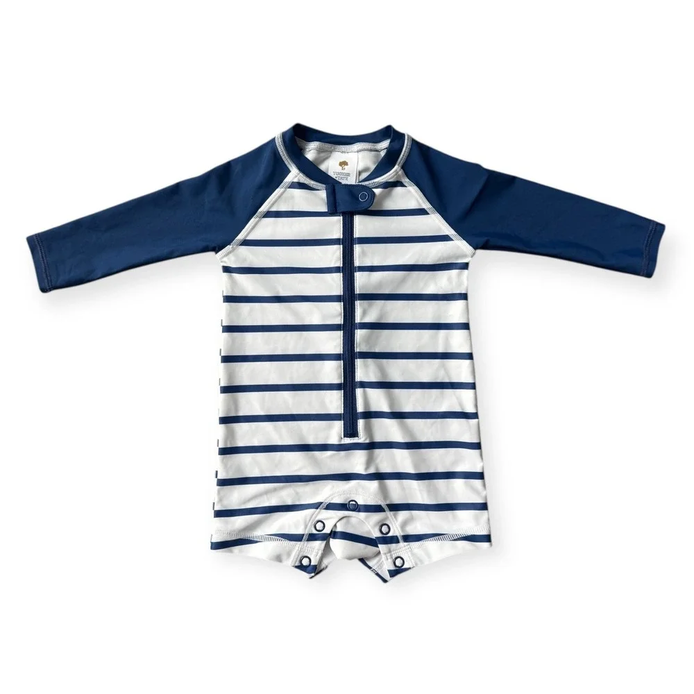 Tucker Tate Baby Swimsuit 6M Navy Blue Striped Rashguard One Piece Romper
